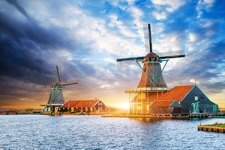 sunset over dutch windmills in Rotterdam