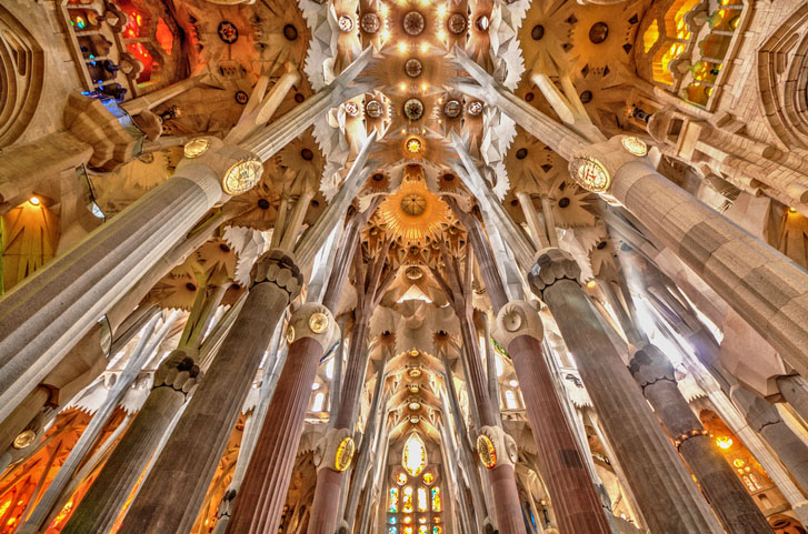 The colorful interior of the Sagrada Familia church in Barcelona.