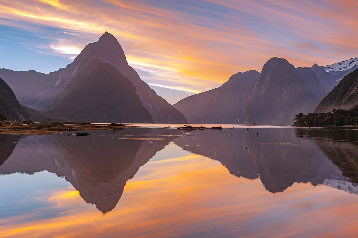 Milford Sound, South Island, New Zealand at golden hour