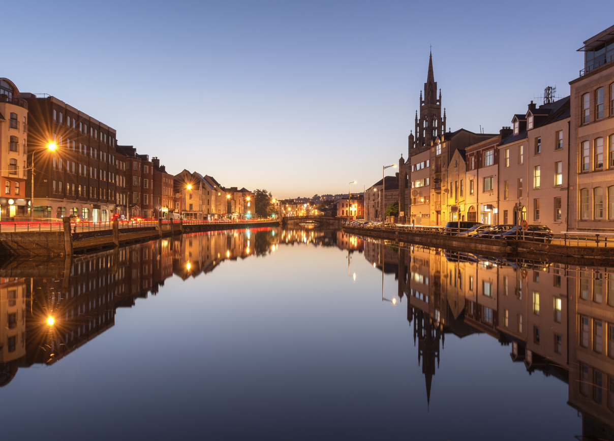 A View of the River Lee in Cork City, Ireland at Night.