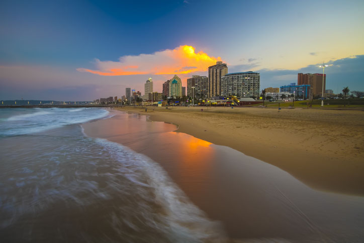Durban, South Africa beachfront at sunset