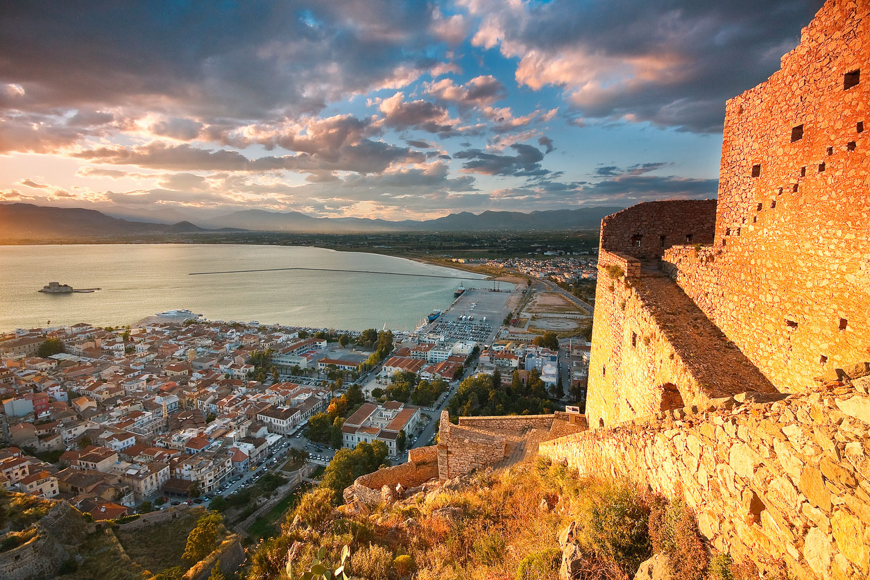 Palamidi castle on a hill above the town of Nafplio, Peloponnese, Greece.