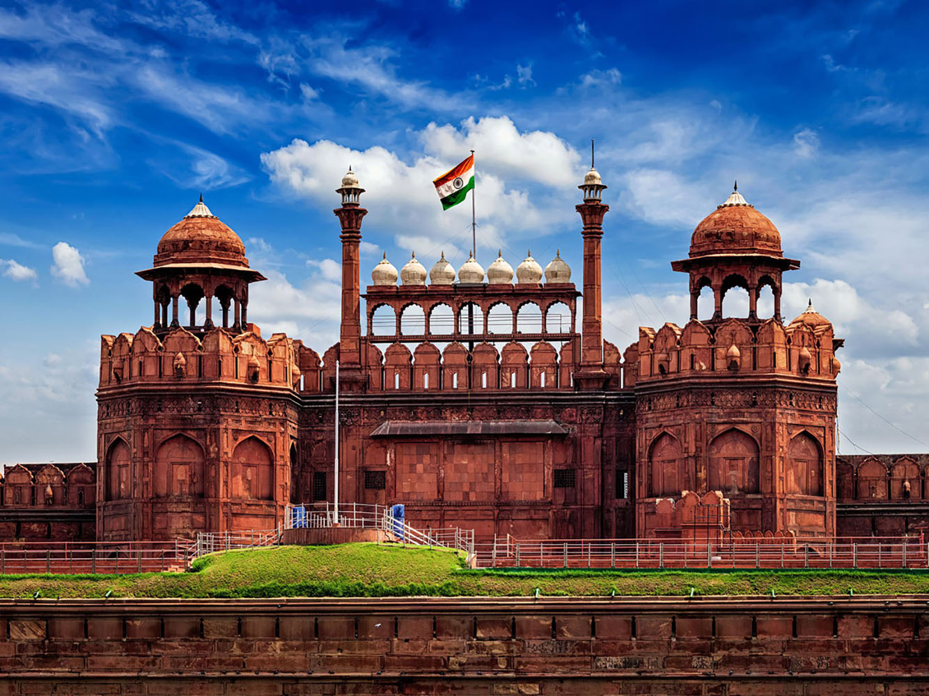 The Red Fort (Lal Qila) in Delhi with the flag of India flying from the roof