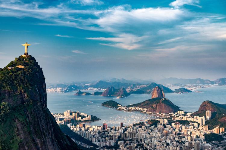Aerial view of Rio De Janeiro. Corcovado mountain with statue of Christ the Redeemer