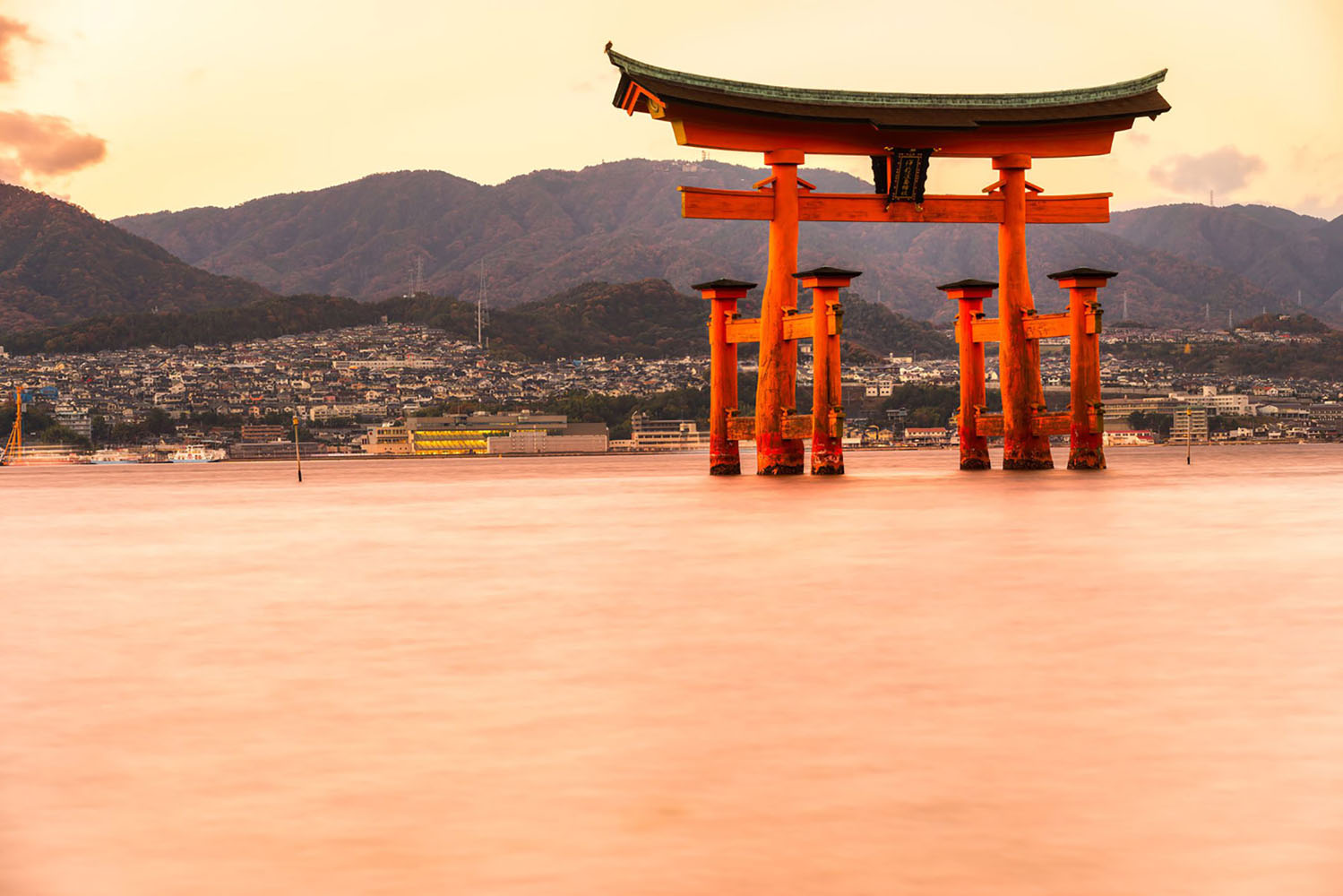 Miyajima, The famous Floating Torii gate, in the early evening..