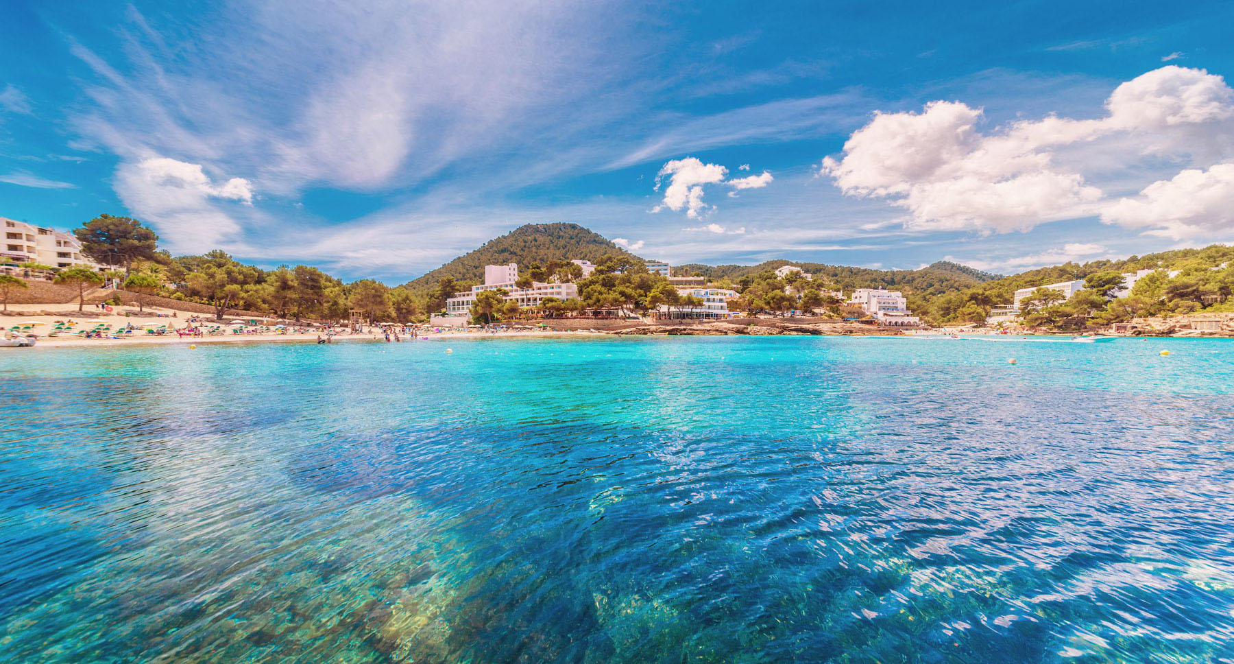 The turquoise waters of the Ibiza coastline.