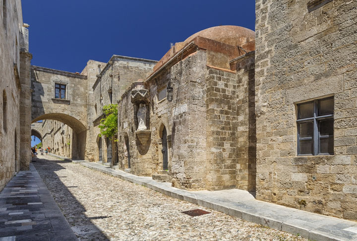 Cobblestone street in Old Town, Rhodes, Greece