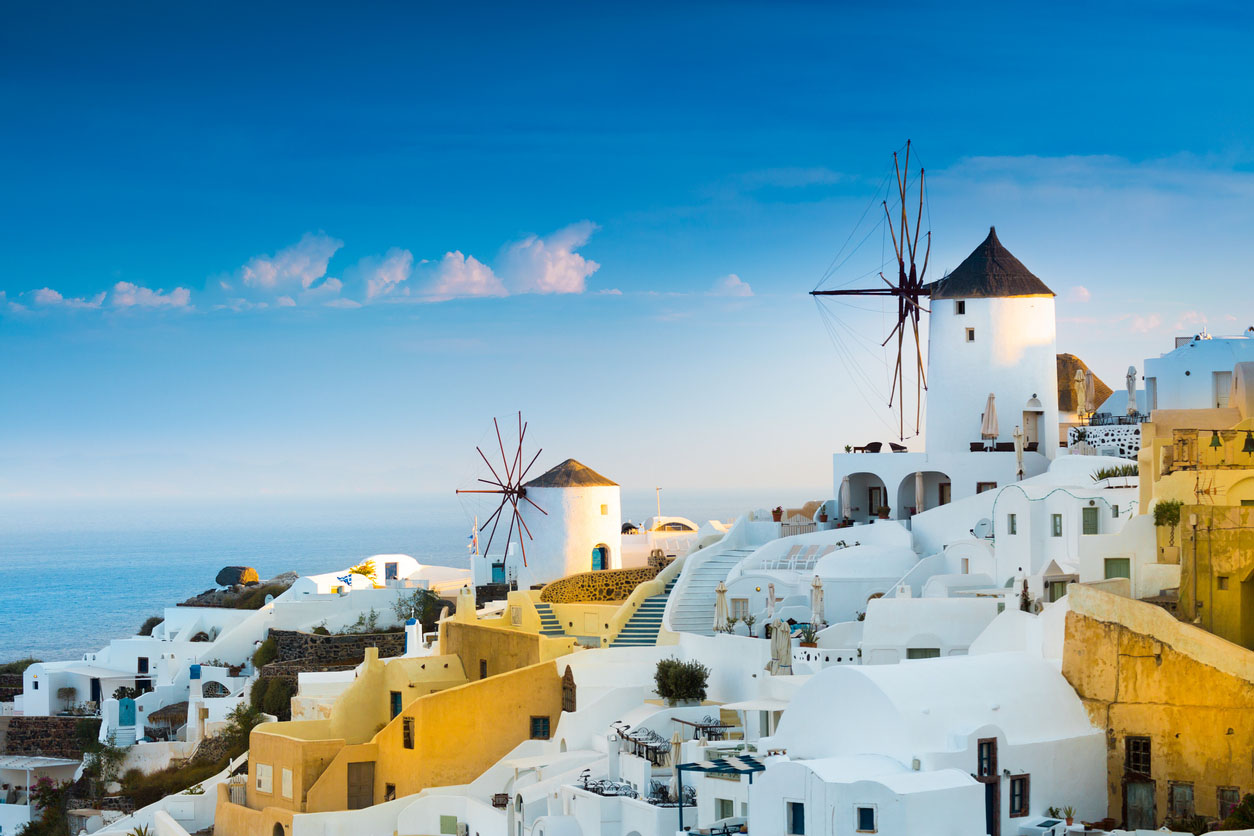Windmills in Oia, Santorini, Greece.