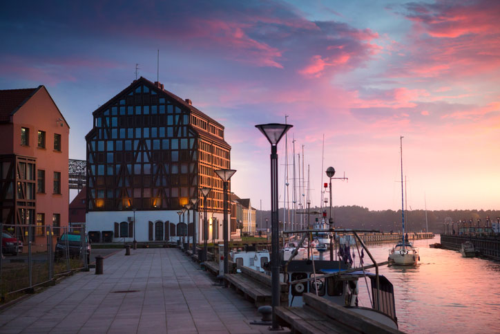 Sunset over the harbor in Klaipeda, Lithuania.