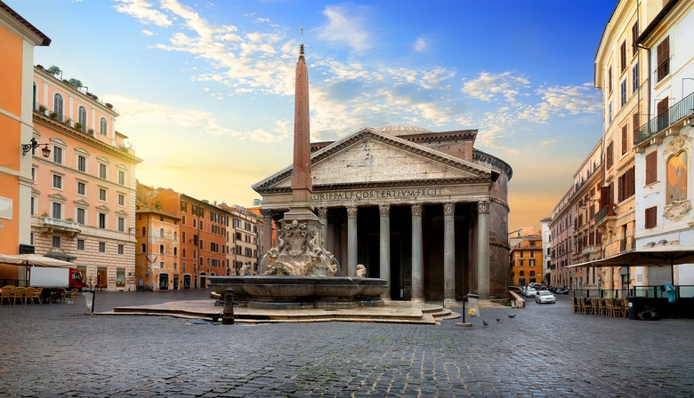 The Pantheon and fountain in Rome at sunrise