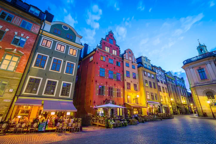 Colourful Stortorget bars restaurants at sunset