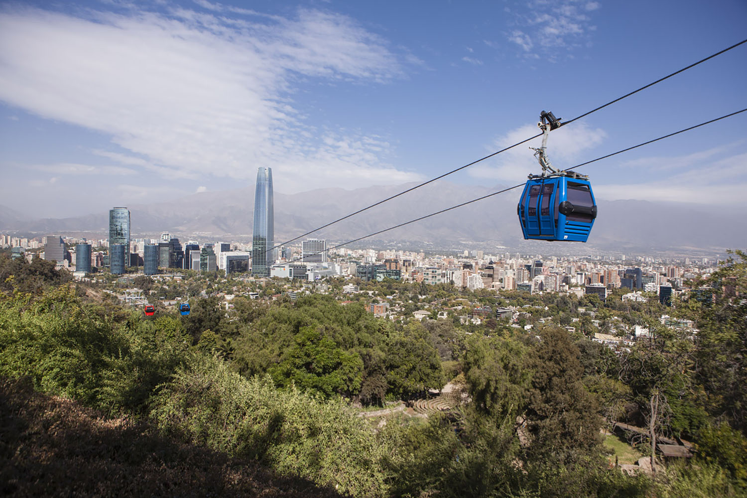 A cable car cruises to the top of Cerro San Cristóbal in Santiago, Chile.
