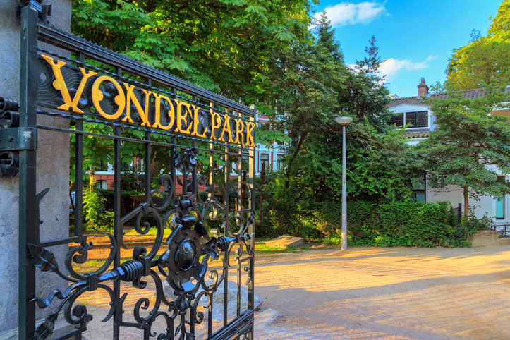 Golden letters on the gate at the entrance to the Vondelpark in Amsterdam