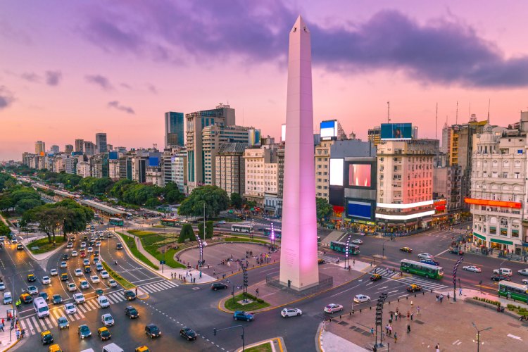 Plaza de la Republica in the centre of Buenos Aires with the Obelisco, at dawn