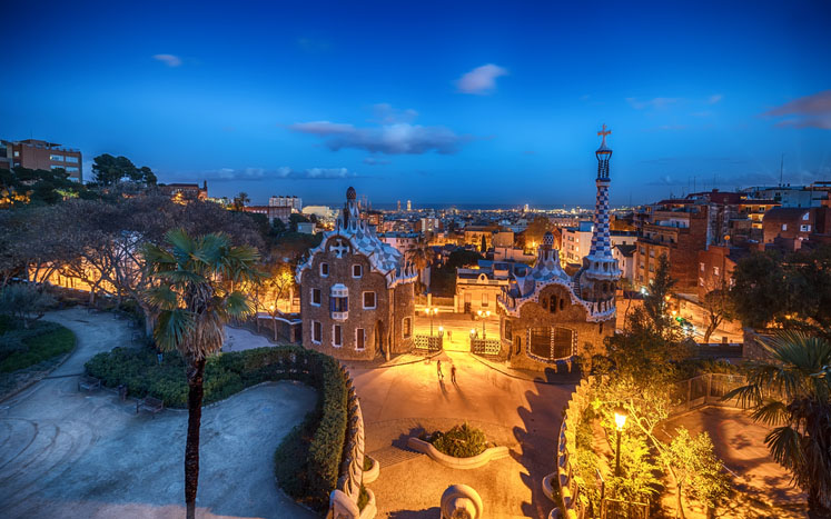 Barcelona, Catalonia, Spain: the Park Guell of Antoni Gaudi at sunset