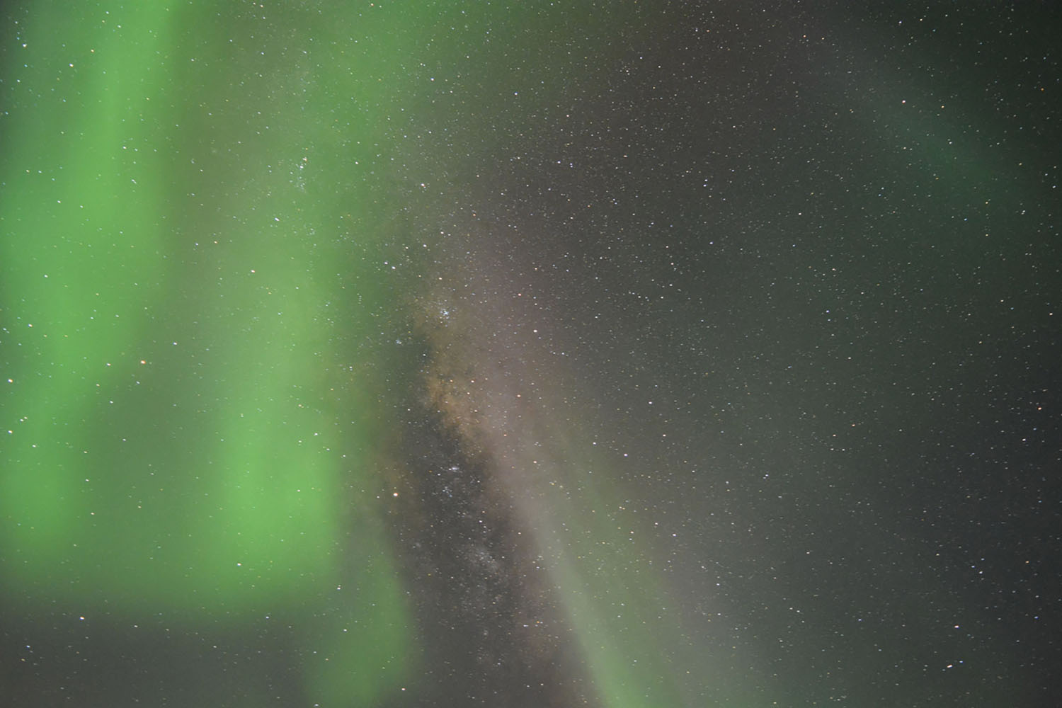 The Southern Lights, or Aurora Australis, in Antarctica. Seen with the Milky Way.