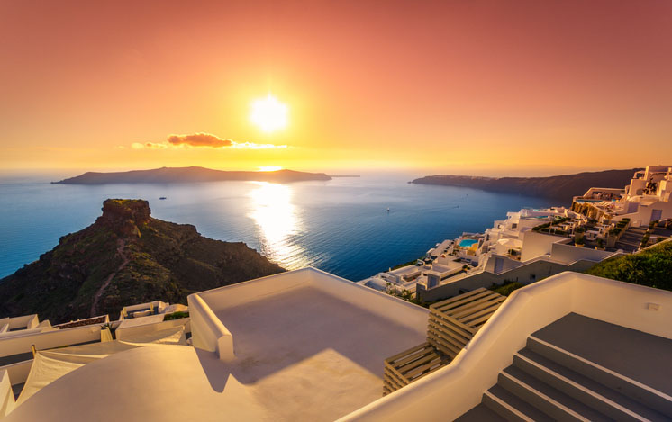 Sunset at Imerovigli, Santorini, Crete, Greece.