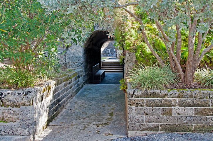 Fort Hamilton walkway across moat and stone walls. Bermuda