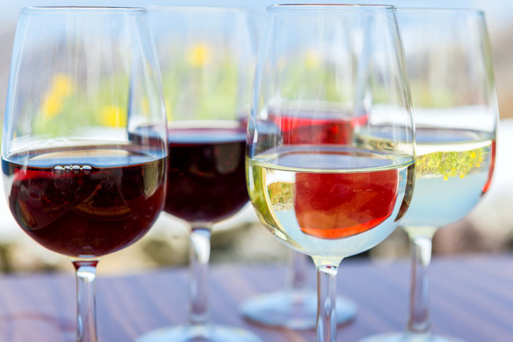 Greek red, white and rose wine close up