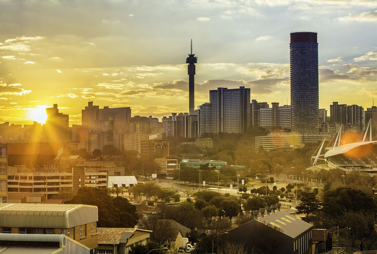 The city skyline of Johannesburg, South Africa in the early evening