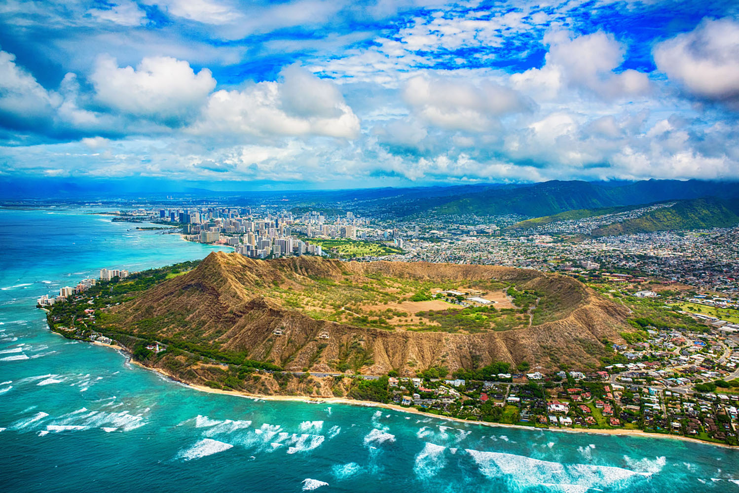An arial view of Diamond Head State Monument near Honolulu in Hawaii