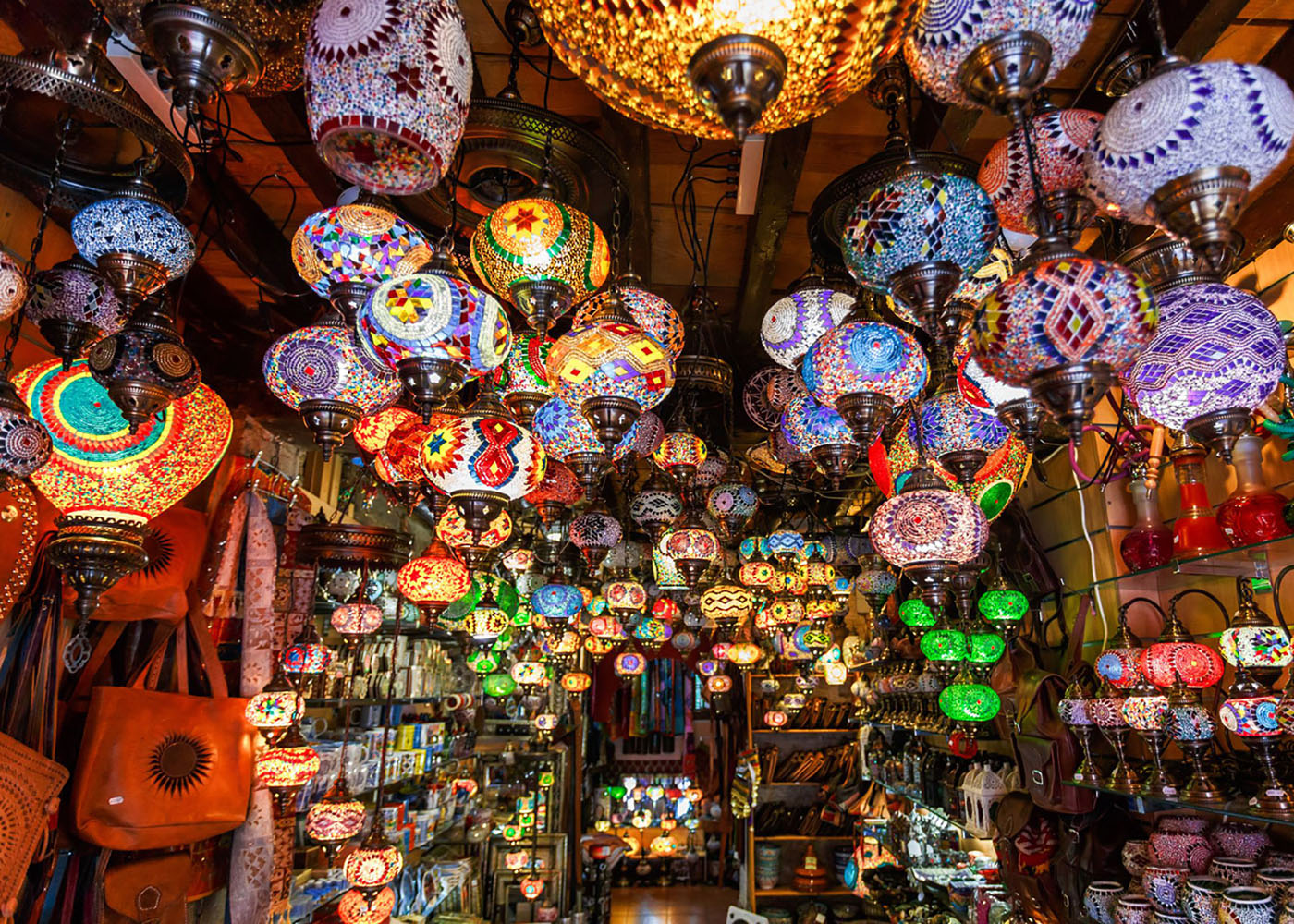 Lanterns and lamps in the market of Marrakesh, Morocco.