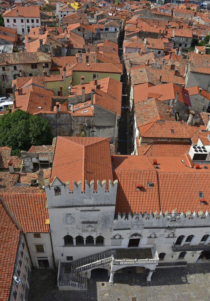 An aerial view of Titov Trg square from the top of Koper Cathedral