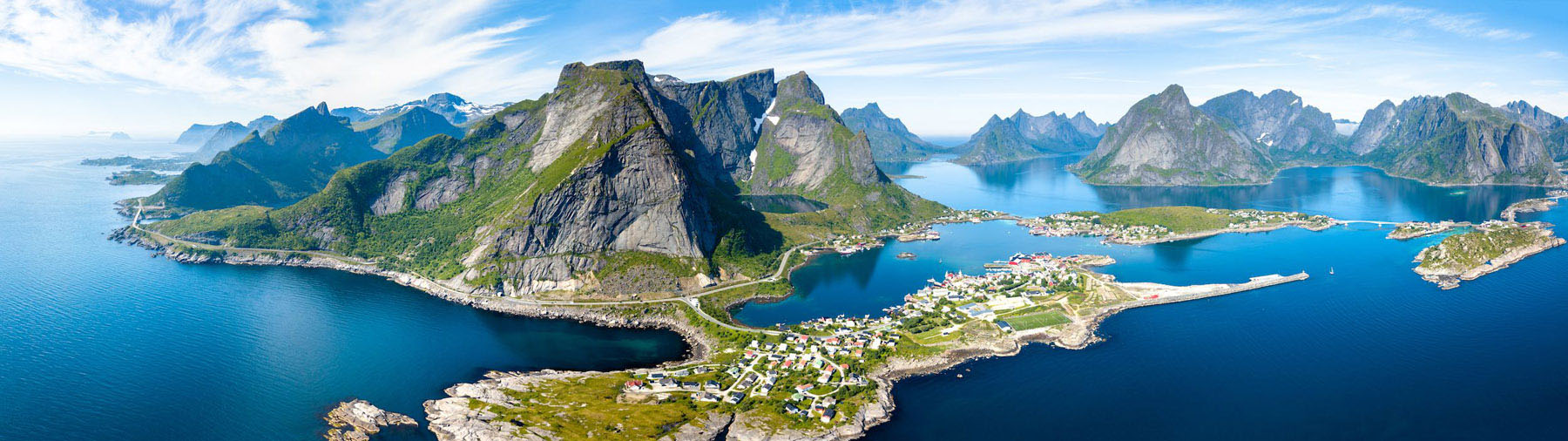 An aerial panoramic view of Lofoten, Norway in the Norwegian Fjords.