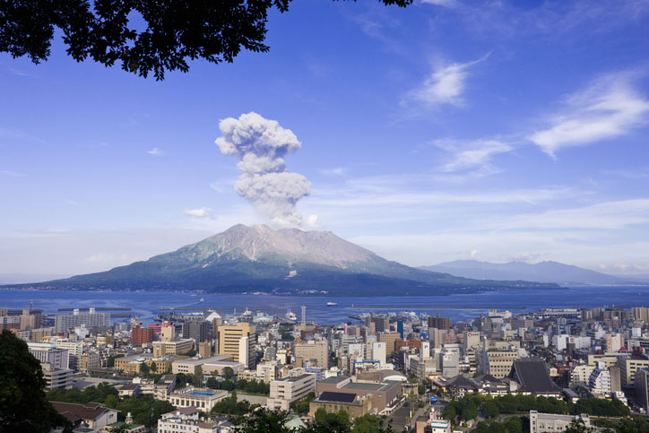 Plumes raising from Sakura-jima with Kagoshima in the foreground