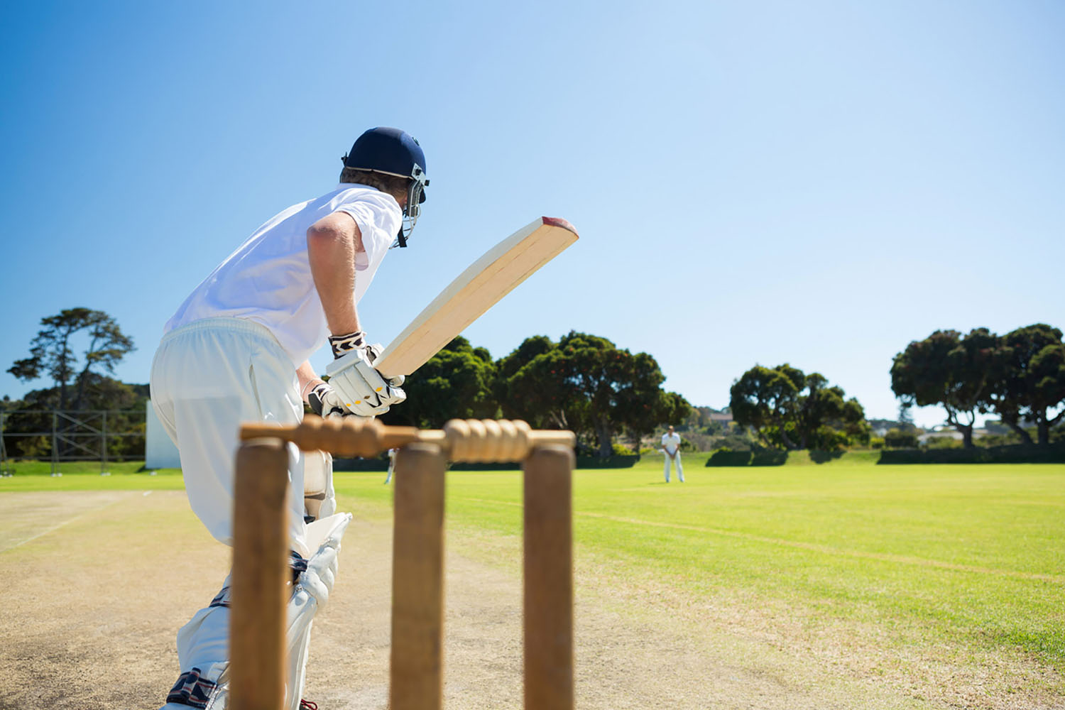 A game of cricket being played on a sunny day