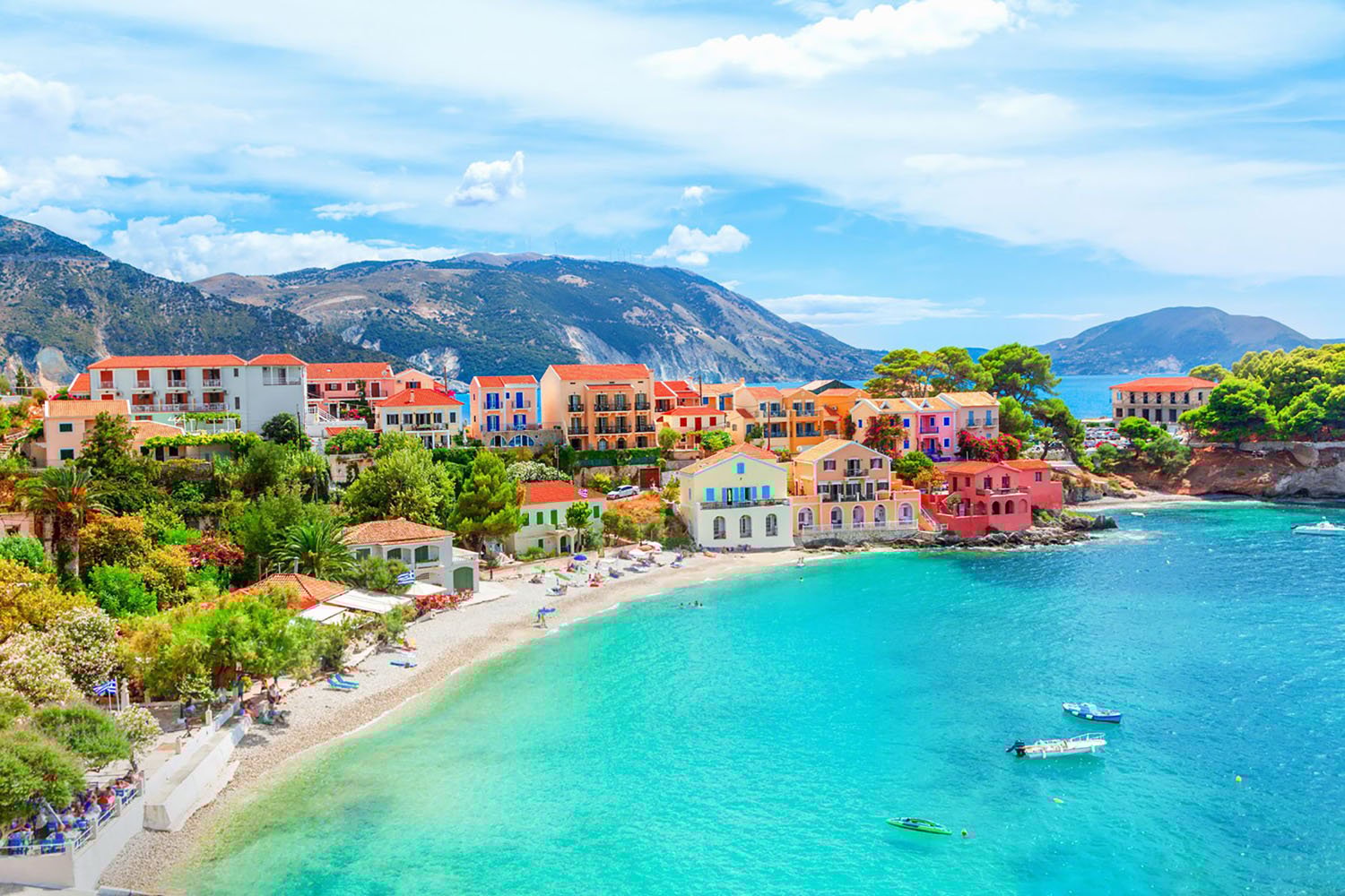 The village of Assos in Cephalonia, Greece with beautiful turquoise water