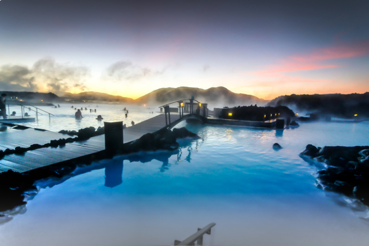 The sun was rising at the blue lagoon, Iceland