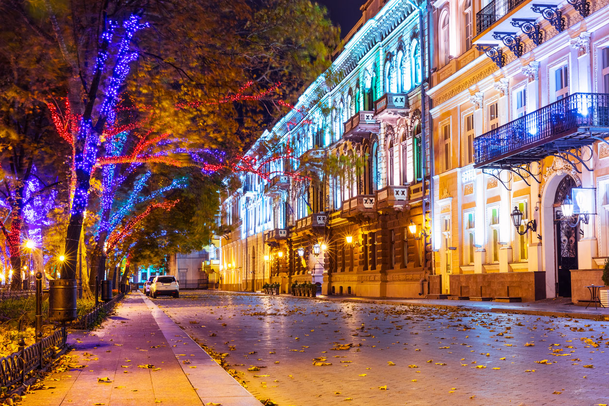 Odessa, Ukraine Old Town illuminated architecture with a lot of color street lights at Primorsky Boulevard