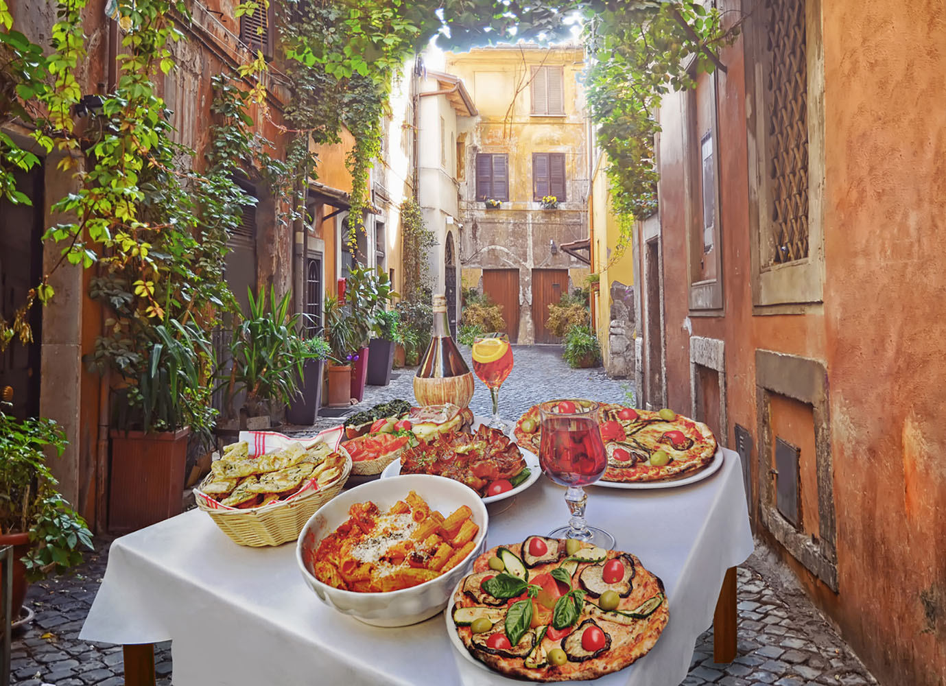 Pasta , pizza and homemade food arrangement in a restaurant Rome