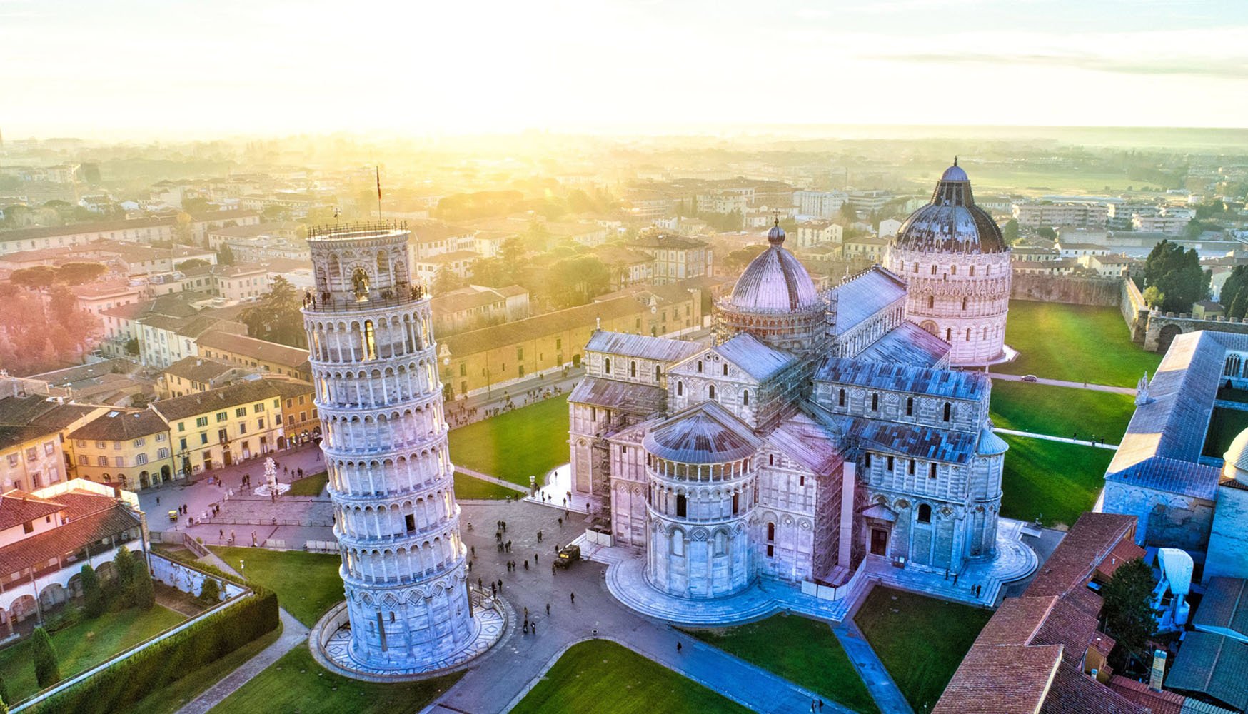 An aerial view of the Leaning Tower of Pisa.