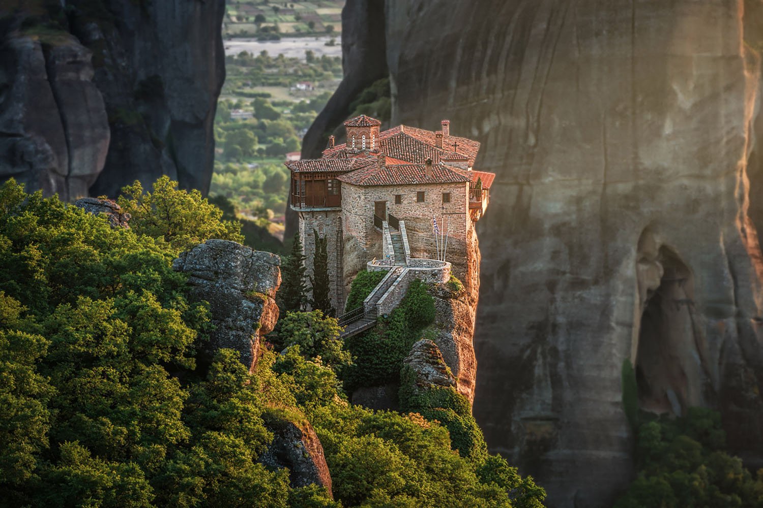 Roussanou Monastery at sunset in Meteora, Greece