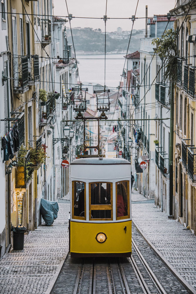The Gloria Funicular (Elevador da Gloria) in the city of Lisbon, Portugal