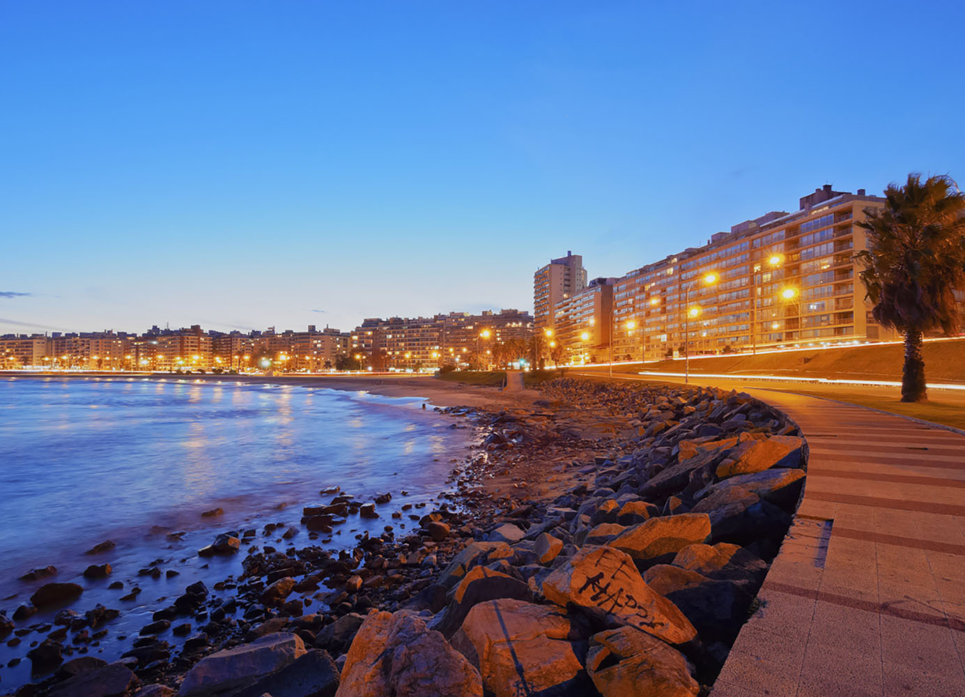 Twilight view of the Pocitos Coast on the River Plate, Montevideo, Uruguay