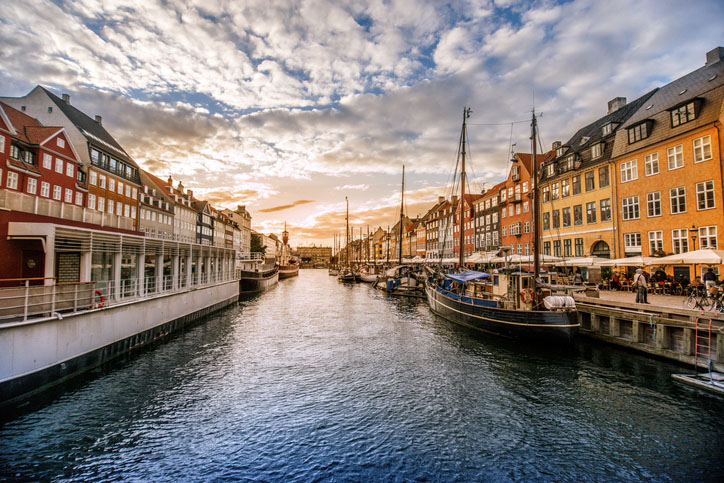 Colorful Traditional Houses in Copenhagen old Town Nyhavn at Sunset