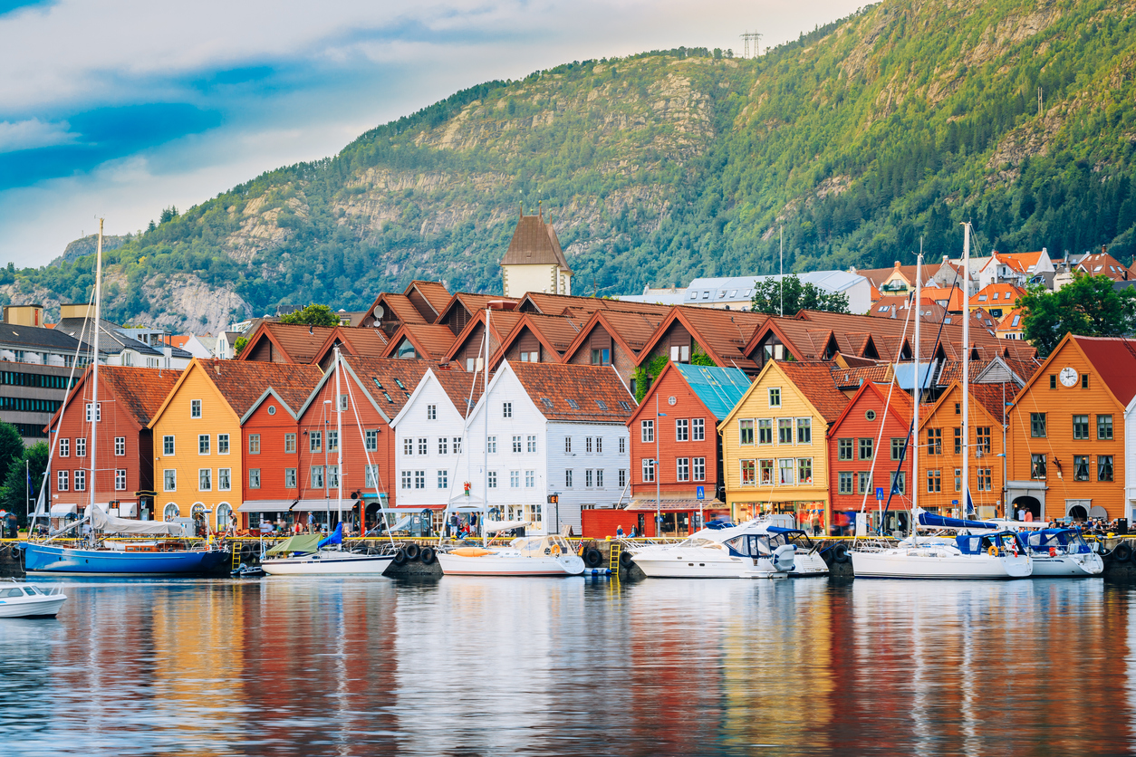 View of historical buildings in Bryggen- Hanseatic wharf in Bergen, Norway