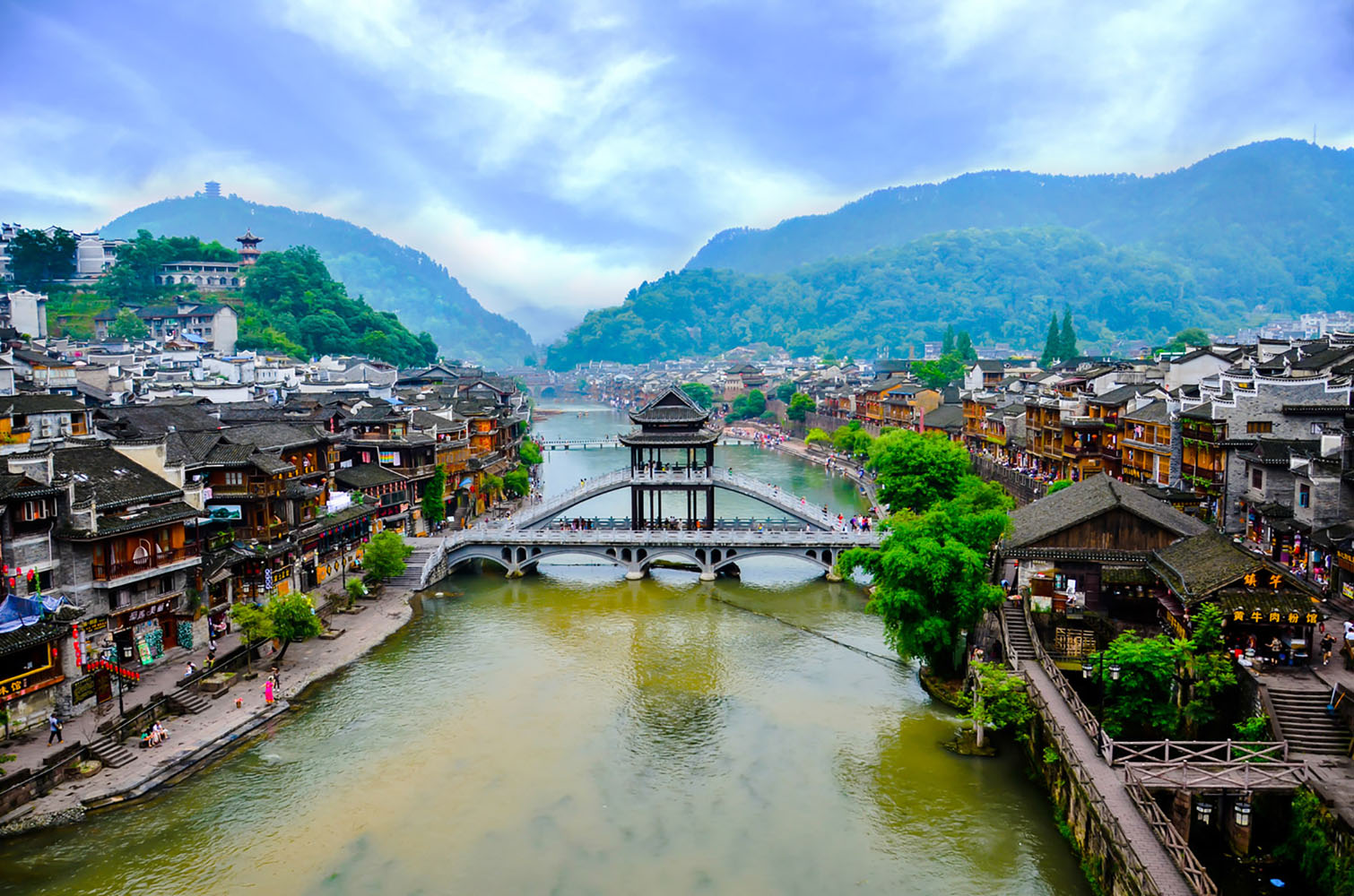Old houses along the water in Fenghuang county in Hunan, China.