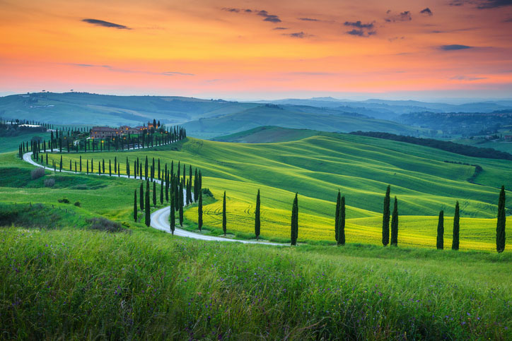 Tuscany landscape at golden hour with curved road and cypress trees