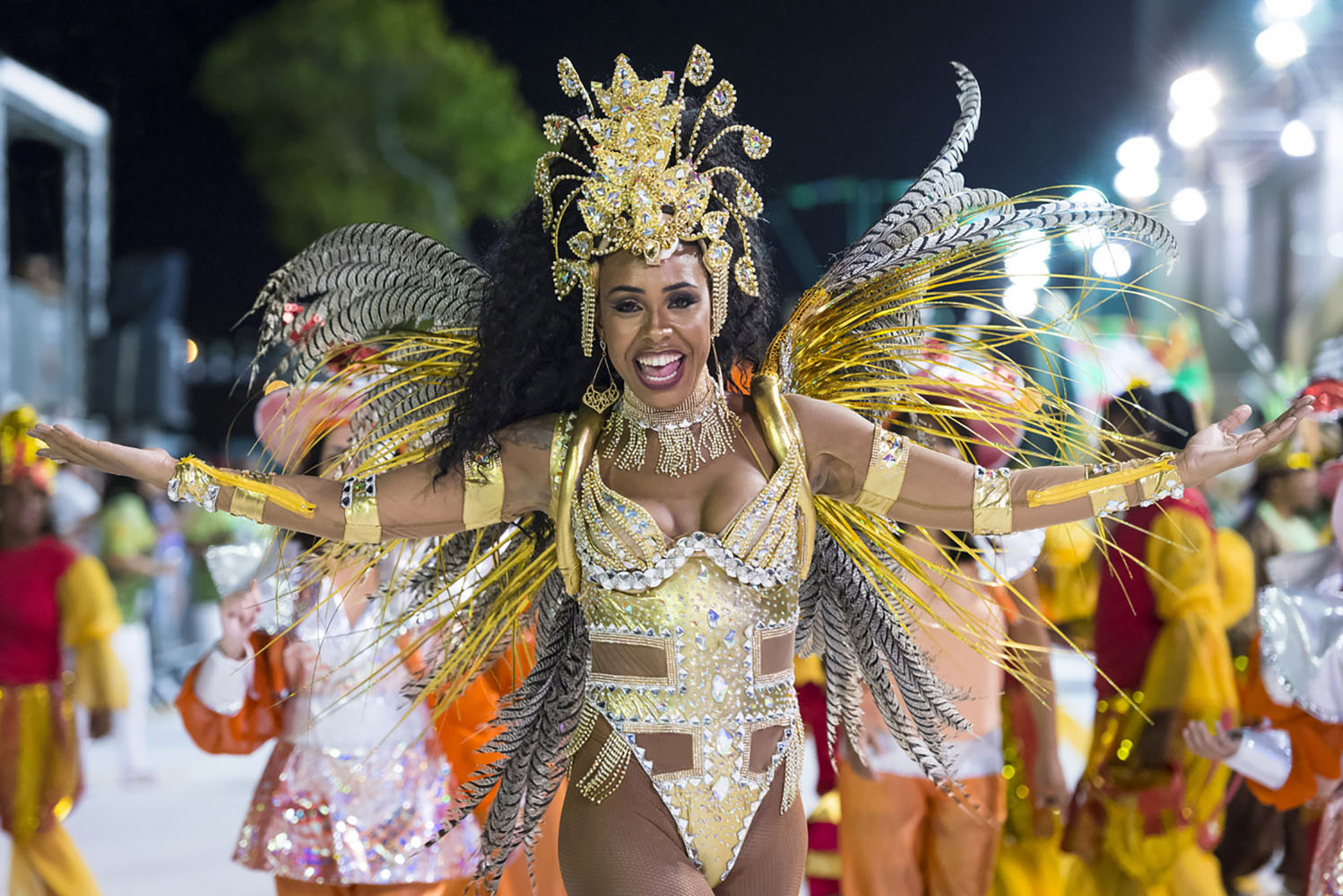 A woman dances in costume at Carnaval in Rio