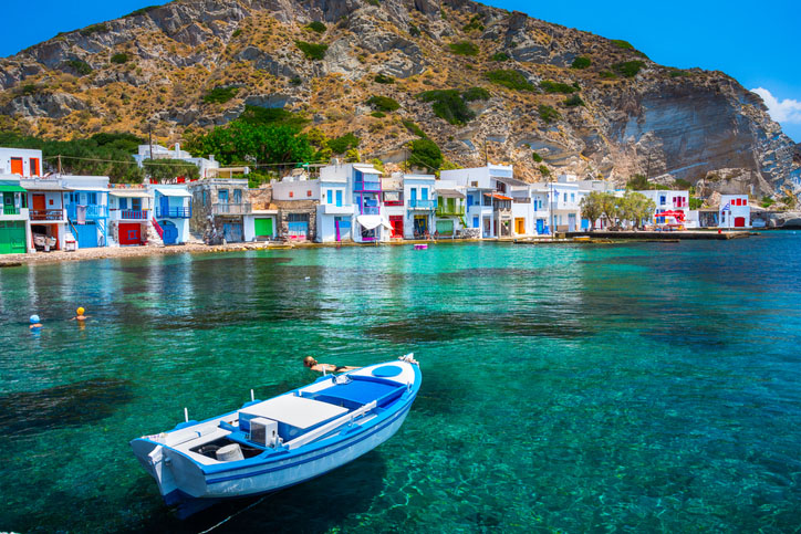 A colorful traditional fishermen's village on the island of Milos, Cyclades, Greece