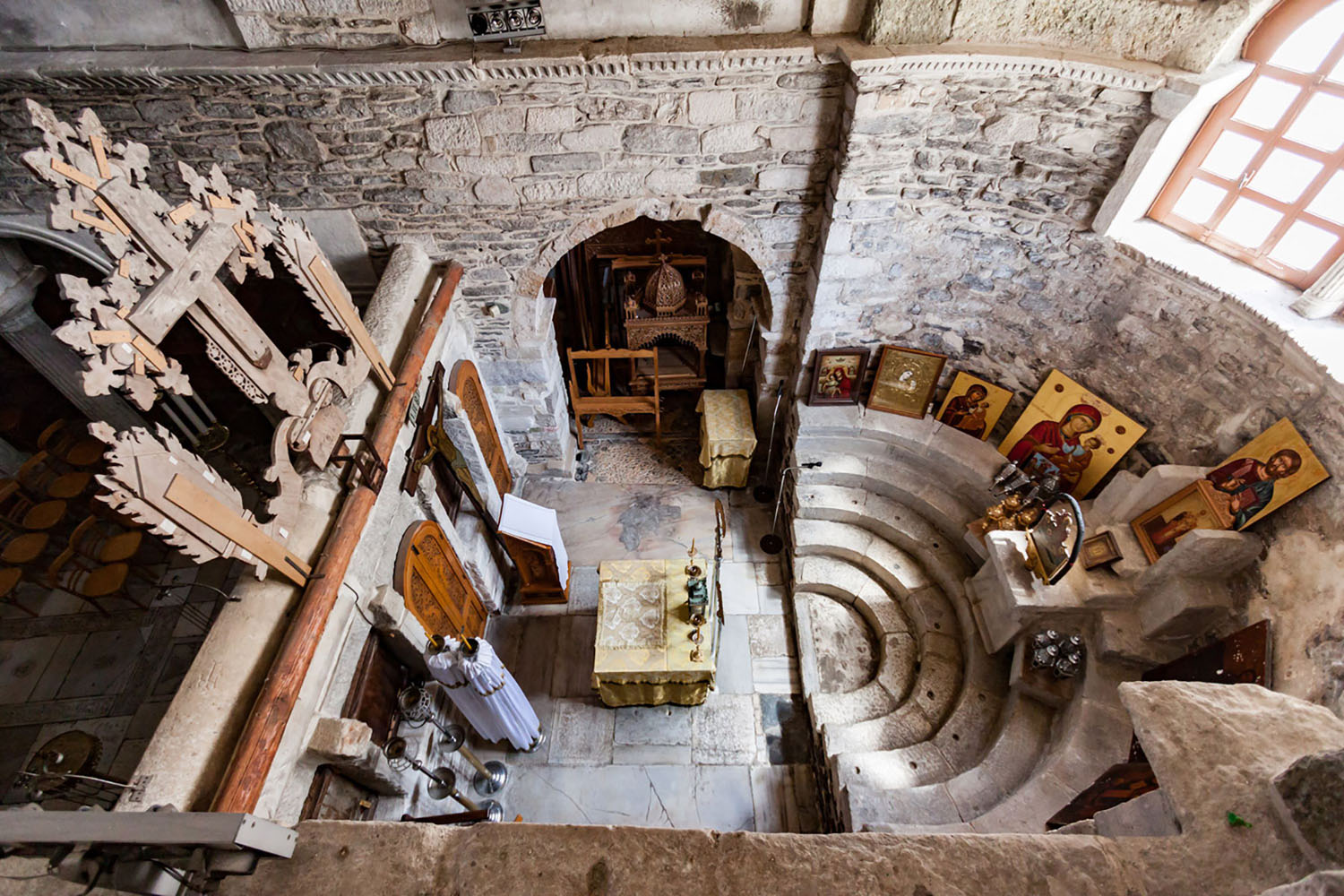 Inside the Church of Panagia Ekatontapiliani in Paros, Greece.