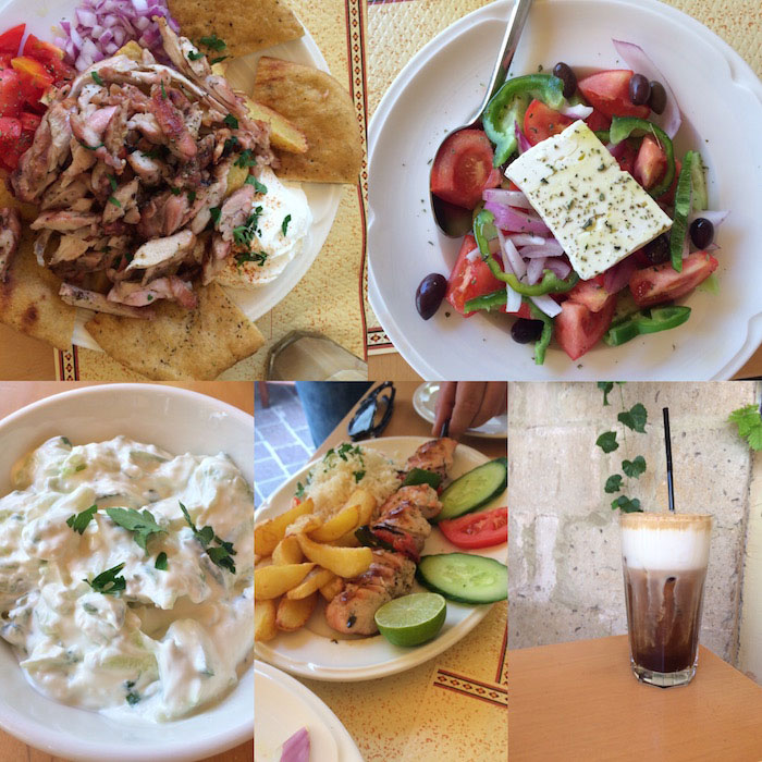 Crete food - ttzatziki, Greek salad, souvlaki and gyro