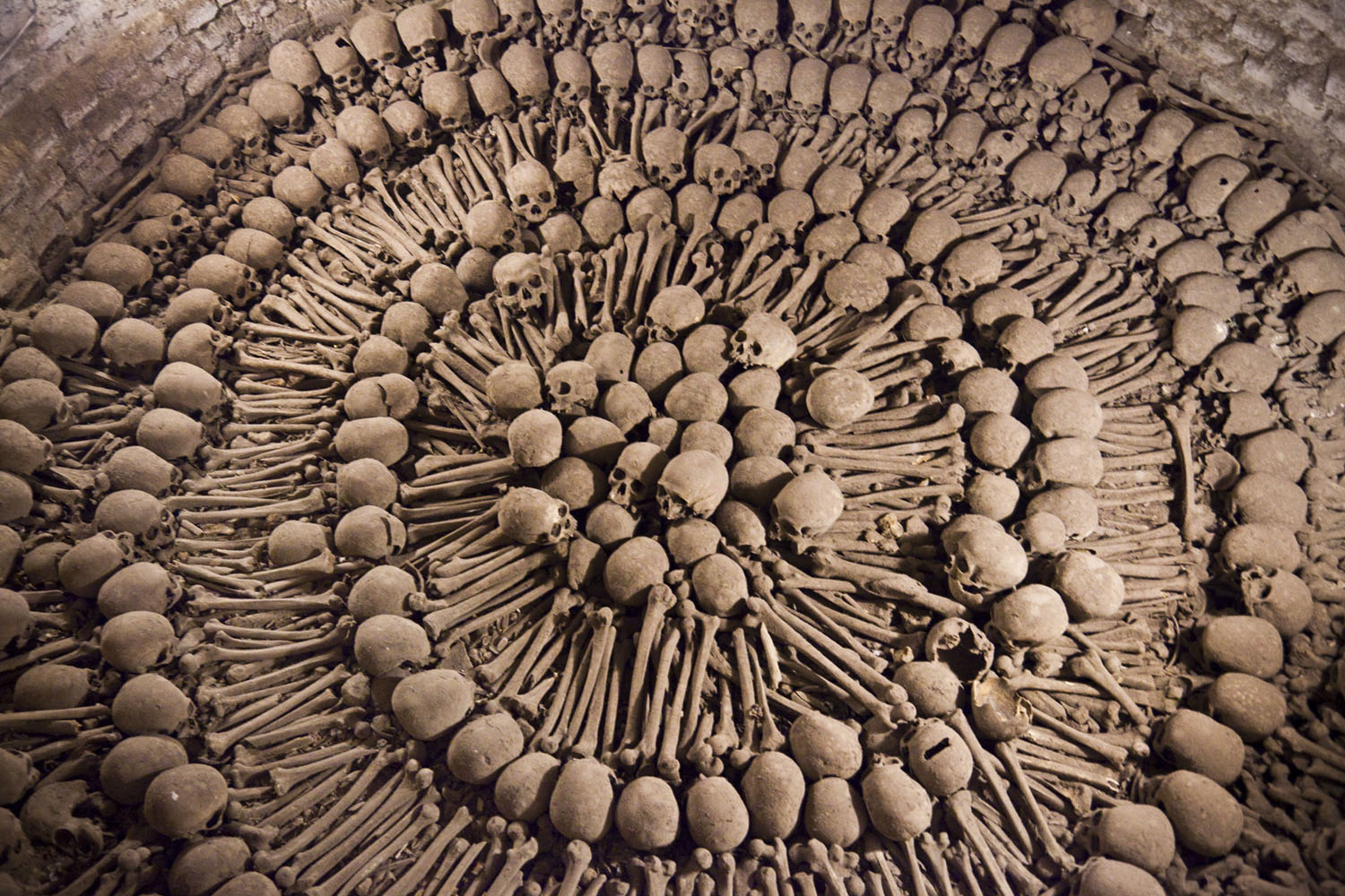 Bones arranged in the catacombs underneath Monasterio de San Francisco in Lima