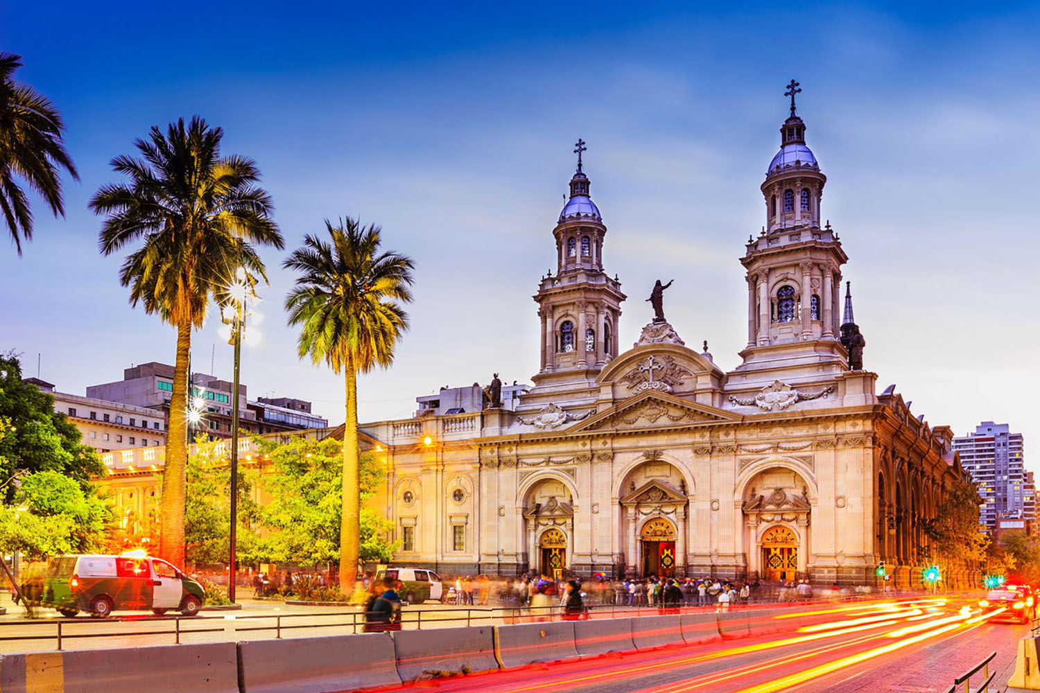 The busy streets outside the Santiago Metropolitan Cathedral in Santiago