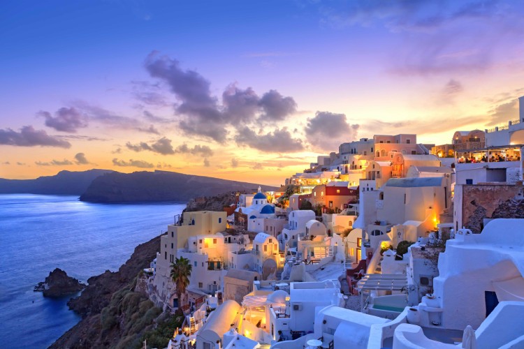 Santorini sunset at village of Oia Greece