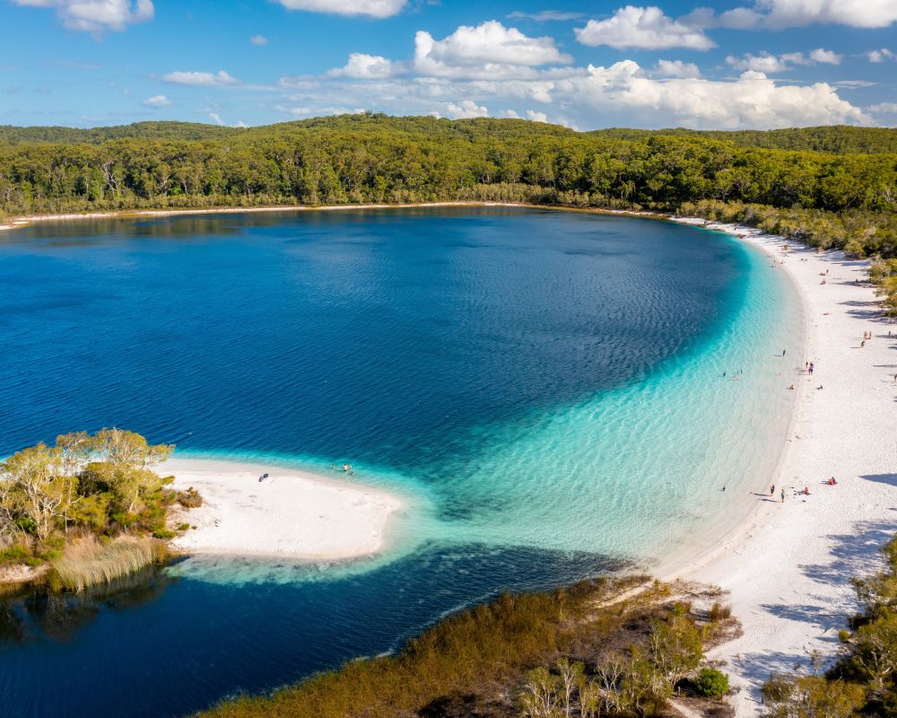 Aerial view of Lake McKenzie on Fraser Island, a new Azamara cruise port in Australia